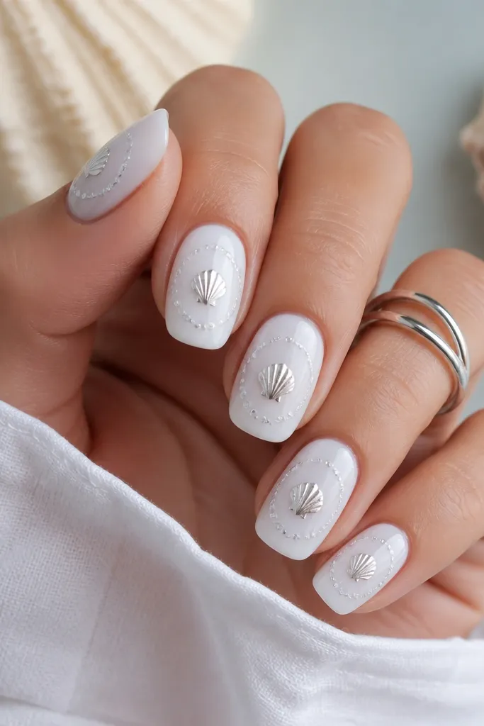 Medium squoval nails painted icy white with a glossy finish. On each nail, a few silver line bubbles arc around a small shell near the center.