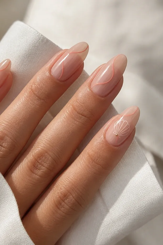 Long almond nails in sheer nude. Thin coral swirl waves run diagonally across each nail. On the ring finger, a tiny shell is drawn at the center with a single gold dot.