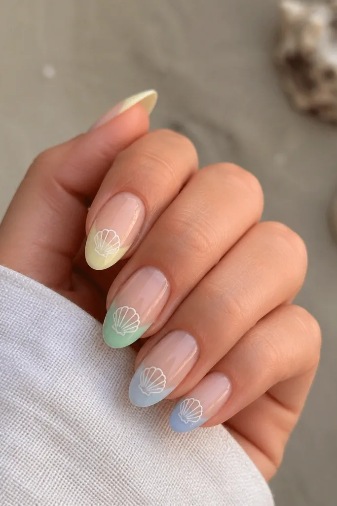 Medium almond nails with pastel ombre tips: pale yellow to mint to baby blue. Each nail has a tiny white shell outline centered near the tip line.