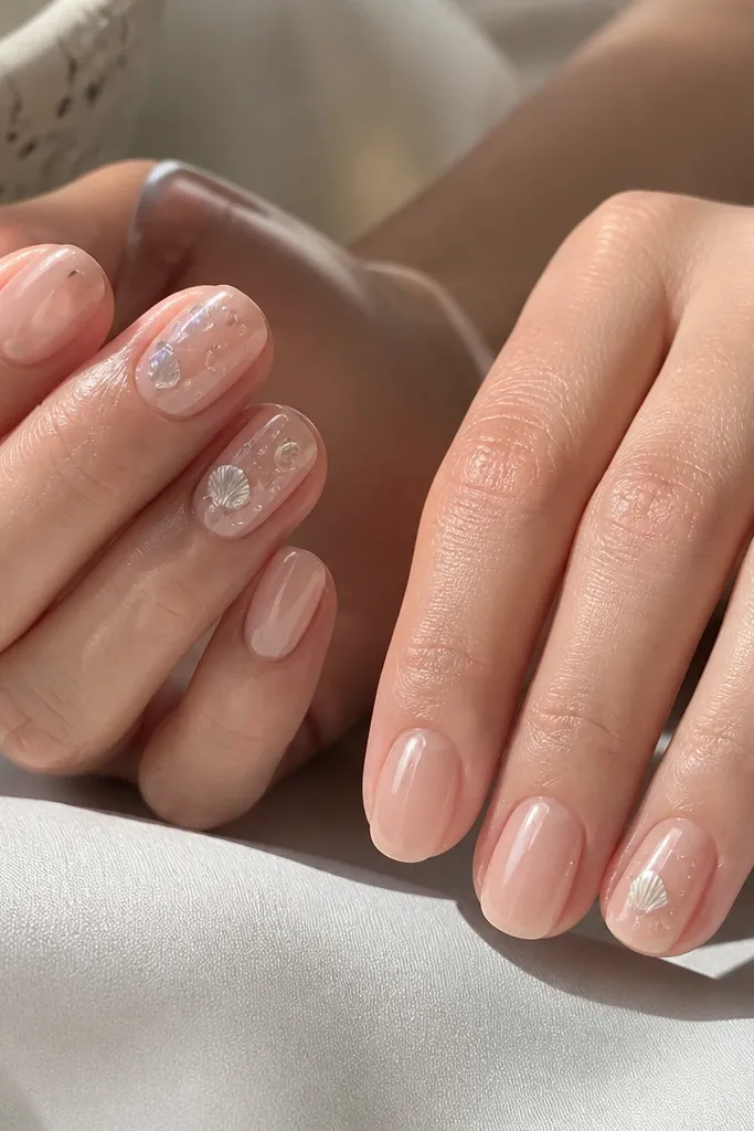 One hand: nude nails with sealed shell decals and tiny bubbles. The other hand: nude nails with a glossy mirror shine overlay, with fewer shell decals placed only on ring fingers.
