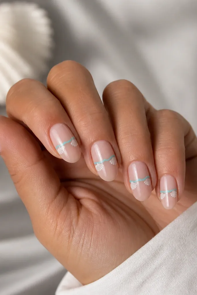 Short almond nails with sheer nude base. A turquoise waterline sits across the nail just above the middle. Small white shells are drawn on both sides of the nail near that waterline.