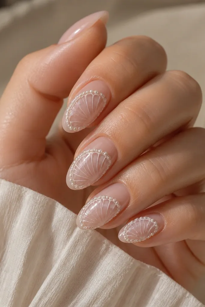 Medium almond nails with a clear jelly base. Shell outlines in white run across the nail center, and the very edges of the shell have tiny pearl dots. The nails look translucent and glossy.