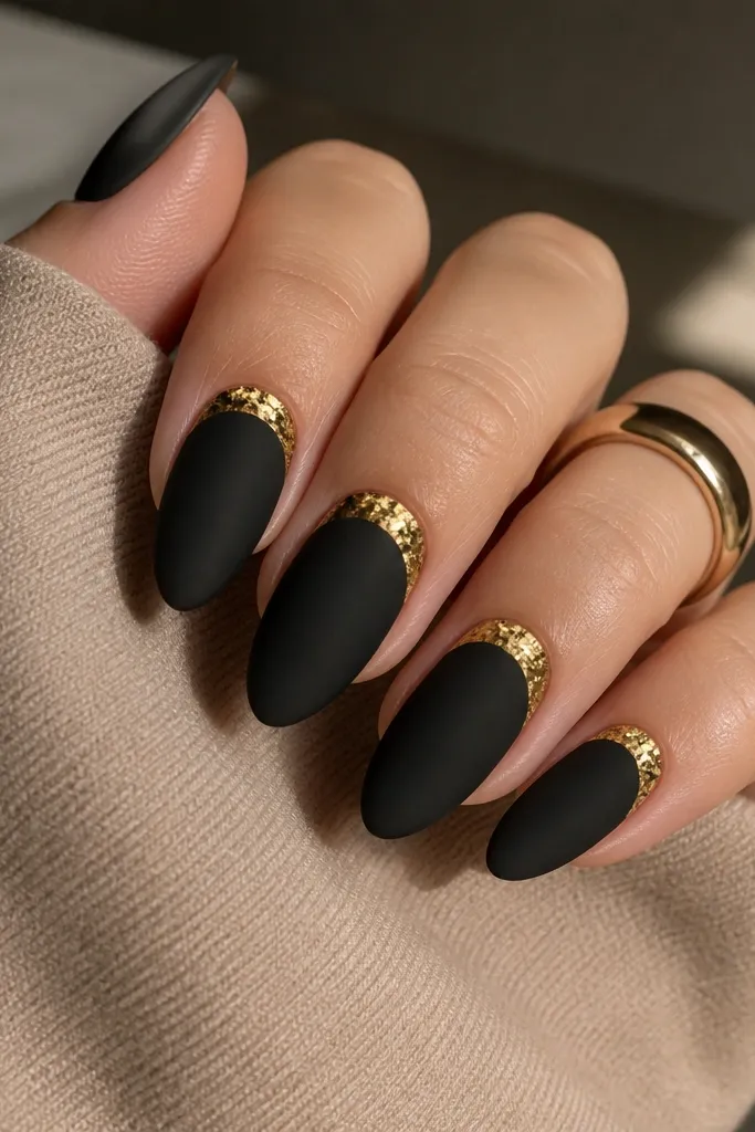 Almond nails in matte black. The cuticle area has a curved half-moon of warm yellow-gold foil gel that looks like tiny crushed metal, leaving a clean 1 mm bare-free edge line. One or two nails show slightly wider foil, still within the curve.