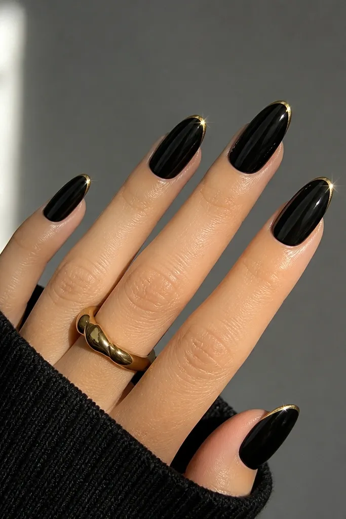 Almond nails with a glassy glossy black finish. The tip has a super thin gold French line, like a metallic pencil stroke, with a tiny gold sparkle at the outermost edge on two nails.