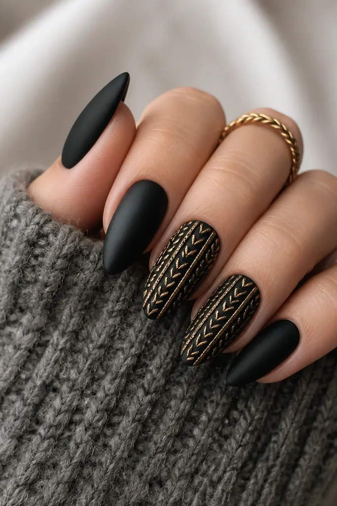 Almond nails with matte black base. Over two accent nails, there are raised-looking knit texture lines in warm gold, forming small V and cable patterns, with tiny gold dots in the "knit" negative spaces.