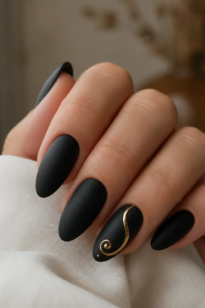 Almond nails in matte black. One accent nail has a glossy gold swirl starting near the cuticle and looping toward the tip, with a small dot at the swirl's end. Other nails stay plain matte black.