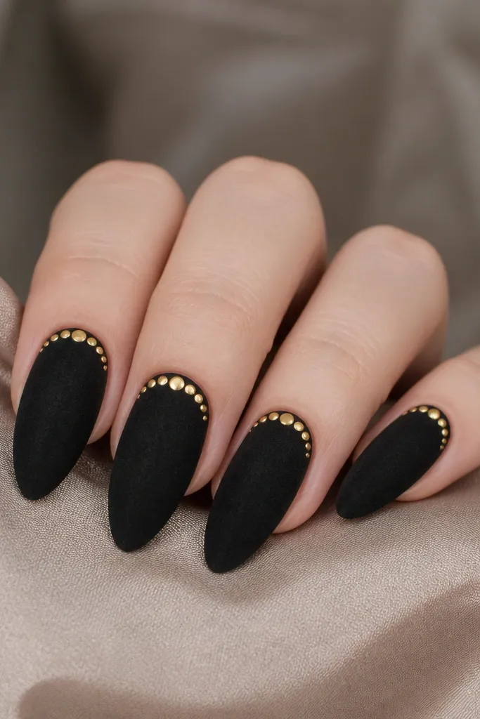 Almond nails with a black velvet powder or velvet gel finish. At the cuticle sits a gold crescent made from tiny flat gold studs, with one or two studs slightly larger on the center of the curve.
