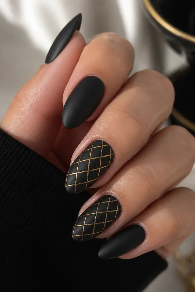 Almond nails painted matte black. Two accent nails have a gold lattice grid made from thin lines crossing diagonally, leaving small diamond gaps in black. The lattice sits centered and stops before the tip edge.