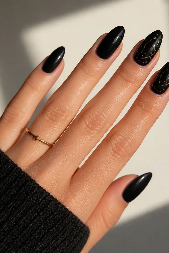 Almond nails in deep black with a subtle glossy finish. Tiny gold dots and a few small gold line marks form a constellation pattern across two accent nails, with the rest plain black.