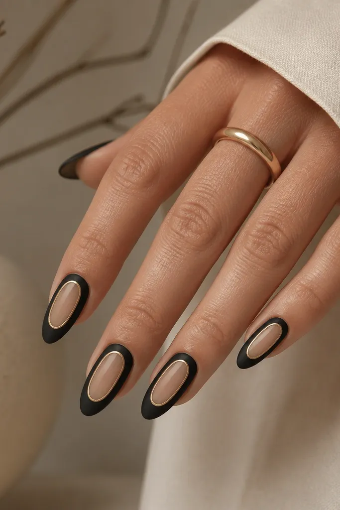 Almond nails with matte black around the edges, leaving a clear negative-space window in the center shaped like a rounded rectangle. A thin warm gold outline frames the negative-space window.