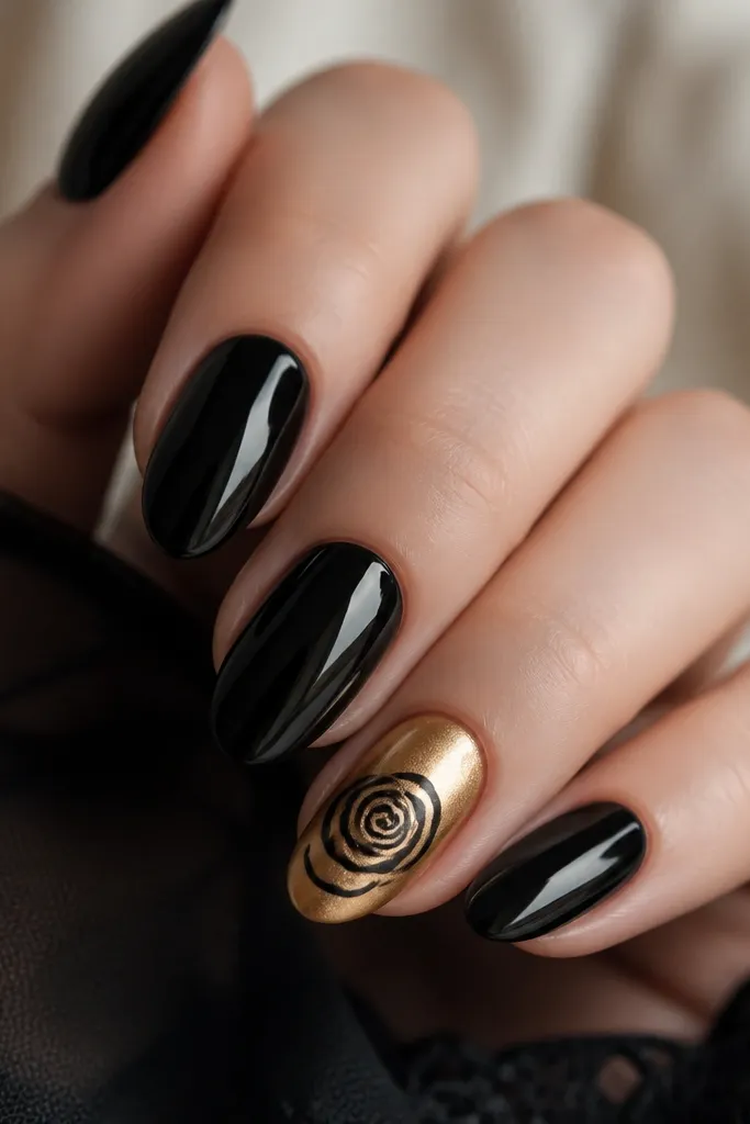 Most nails are glossy black. One accent nail is warm yellow-gold metallic. On the gold nail, there's a matte black rose swirl design in the center with a few curved petal lines.