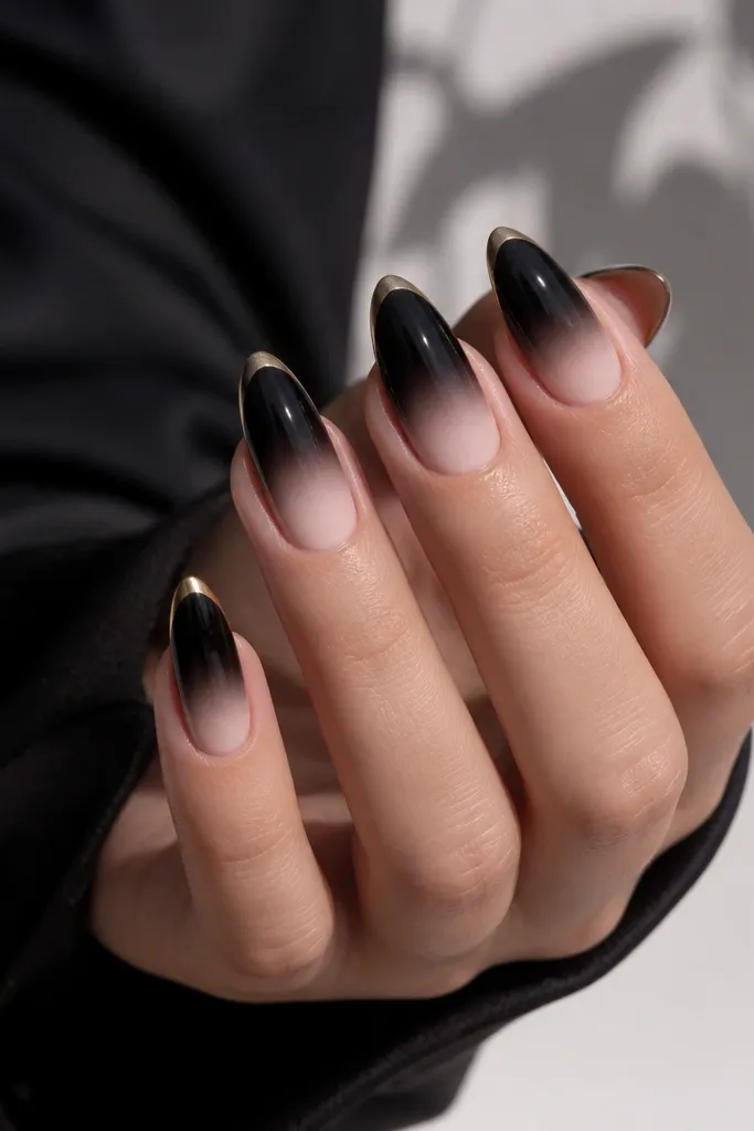 Almond nails with a sheer nude base near the cuticle that fades into black toward the tip. The very tip has a warm gold cap that covers about the last 1.5 mm, clean and straight across the edge.