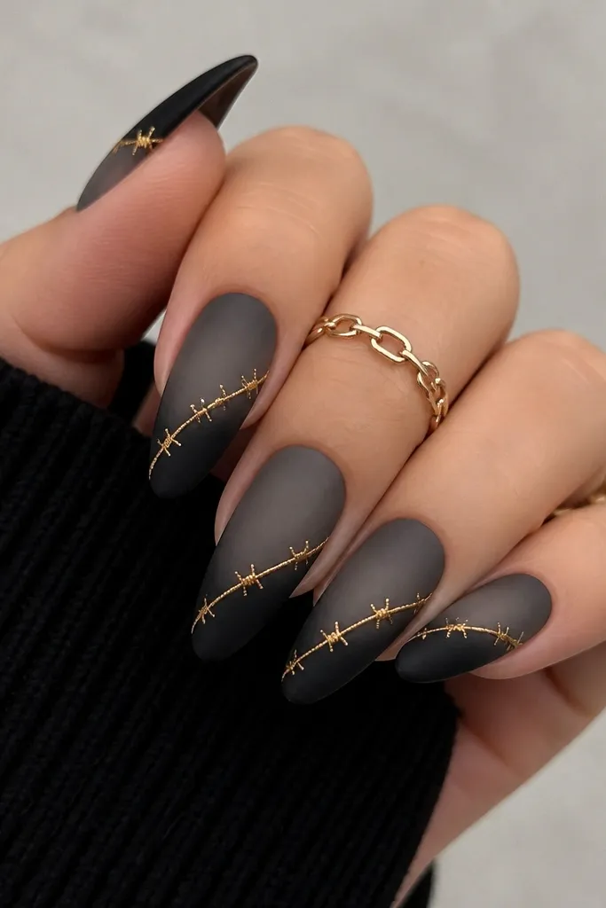 Long almond nails in a smoky charcoal-to-black gradient. Each nail has a thin, raised-looking gold barbed-wire line wrapping diagonally from the lower sidewall toward the tip. The wire has tiny barbs made with micro dots, catching light like foil. The gold sits on top of a soft matte base so the shine looks sharp and cozy at the same time.
