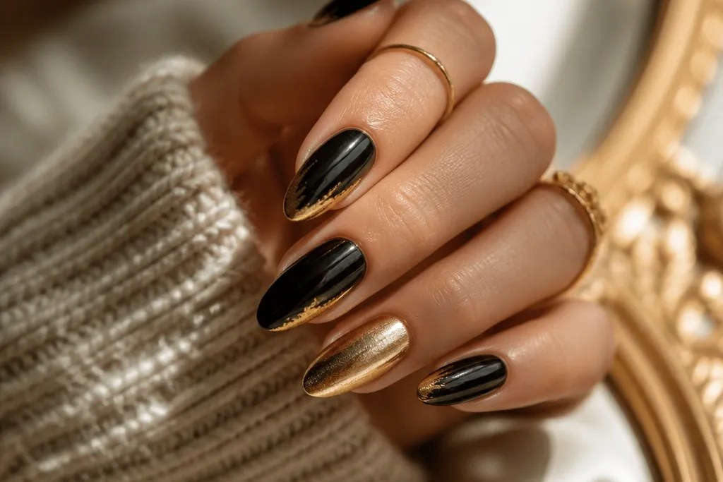 Cozy Glam Almond Black And Gold Nails