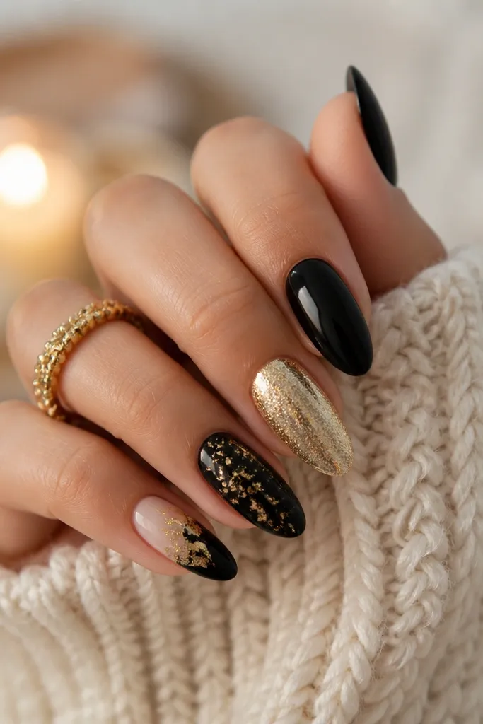 Cozy Glam Almond Black And Gold Nails