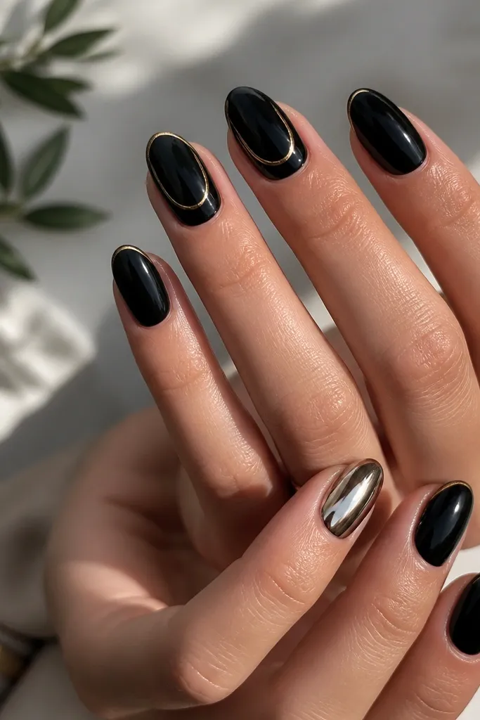 Glossy black nails with a mirror chrome sheen on the ring fingers; on the index and middle fingers there are two ultra-thin gold curved lines forming a small halo around the center of the nail, like a partial ring.