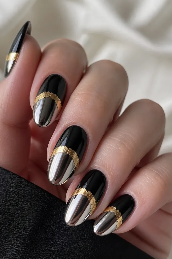 Black nails where the tips are mirror chrome; a rolled gold foil arc sits near the upper third of the nail, catching light with irregular foil texture.