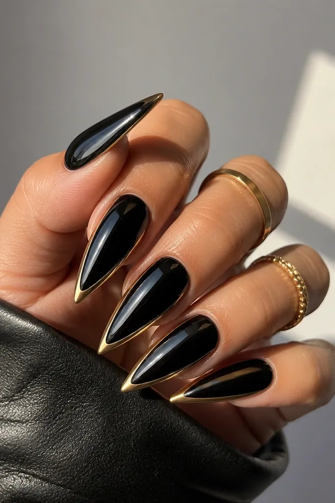 Stiletto-shaped nails with a black glassy chrome finish; a gold outline frames the nail from sidewalls to tip like a stiletto border, with the center left black and reflective.