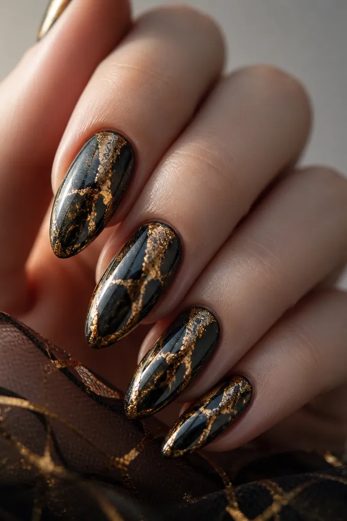 Black nails with a cracked-ice effect (fine white-gray crack lines in a dark base); gold leaf veins run through the cracked pattern on accent nails.