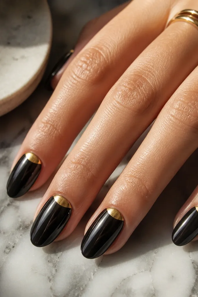 A clean gold chrome half-moon sits at the cuticle area on each nail; the rest of the nail is black mirror chrome with a smooth, reflective finish.