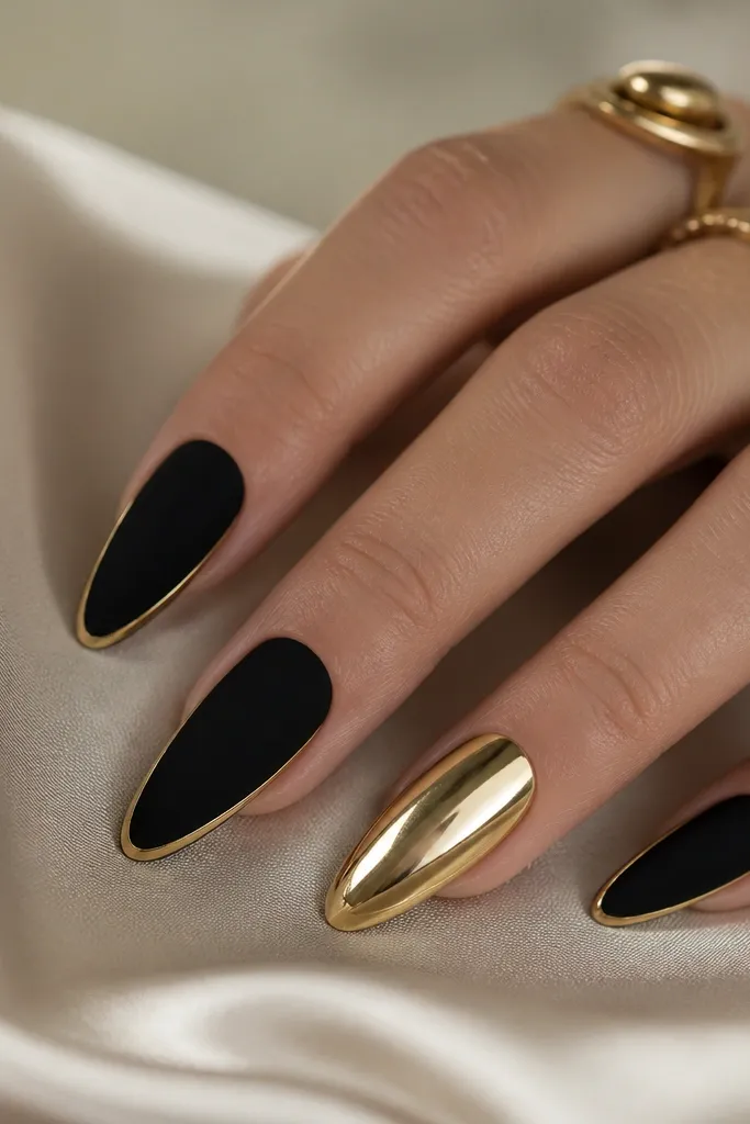 Matte black nails with a velvety finish; the tips have a thin gold chrome outline shaped like a scalloped or arched line, not a full gold tip.