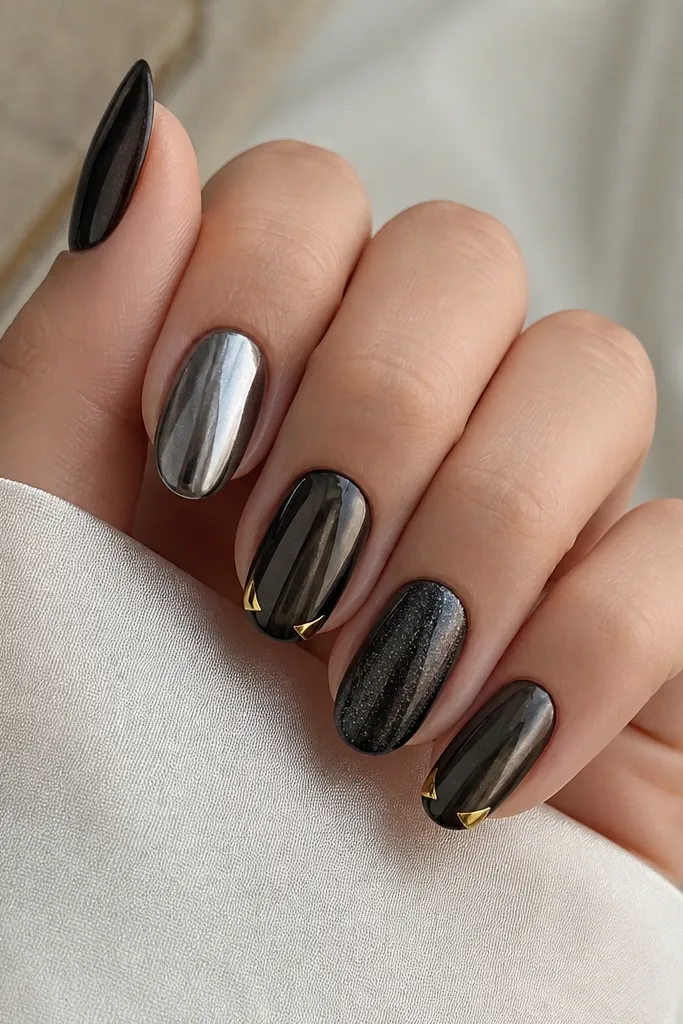 Each nail has a different black chrome variation; two nails show gold corner accents at the tip edges, like tiny gold triangles in the corners.