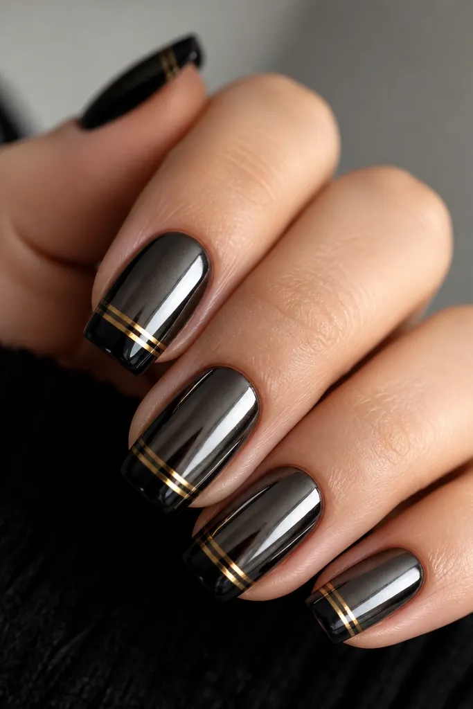 Black mirror chrome base with a French tip look in black; gold lines are stacked just above the tip curve, forming two thin metallic gold stripes across the smile line.