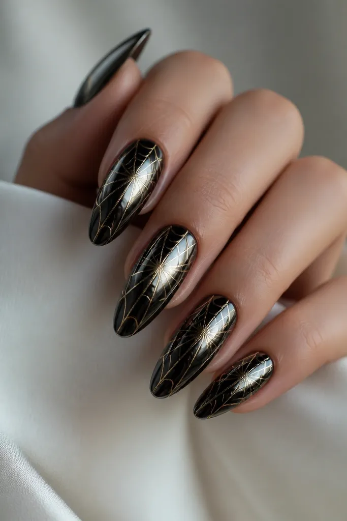 Black mirror chrome nails with a fine gold web pattern radiating from the center toward the edges, like spider lines drawn in metallic gold.