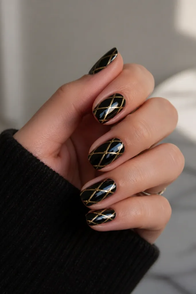Black satin-finish nails (not mirror) with gold chrome crosshatch lines in a grid pattern on two accent nails; the rest stay solid black.