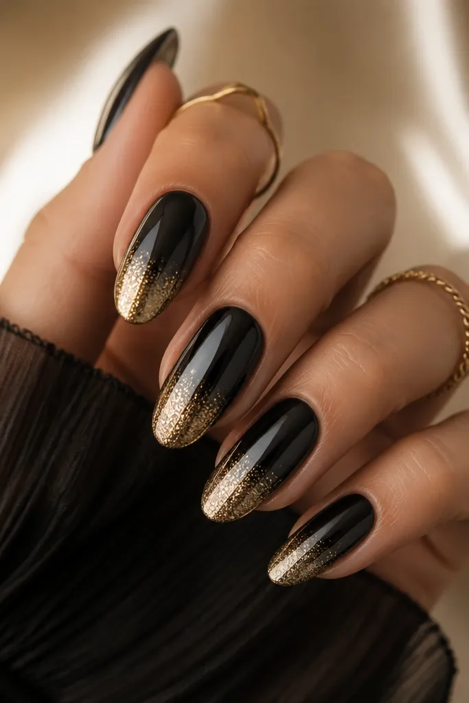 Black mirror chrome nails that fade into a soft gold dust gradient at the tips, with a smooth transition and glittery gold shimmer.