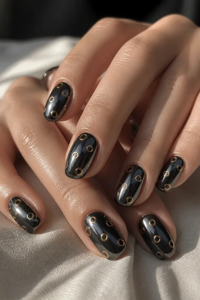 Black mirror chrome nails with tiny stamped gold circles scattered across the surface; circles are evenly sized but placed in a playful pattern.
