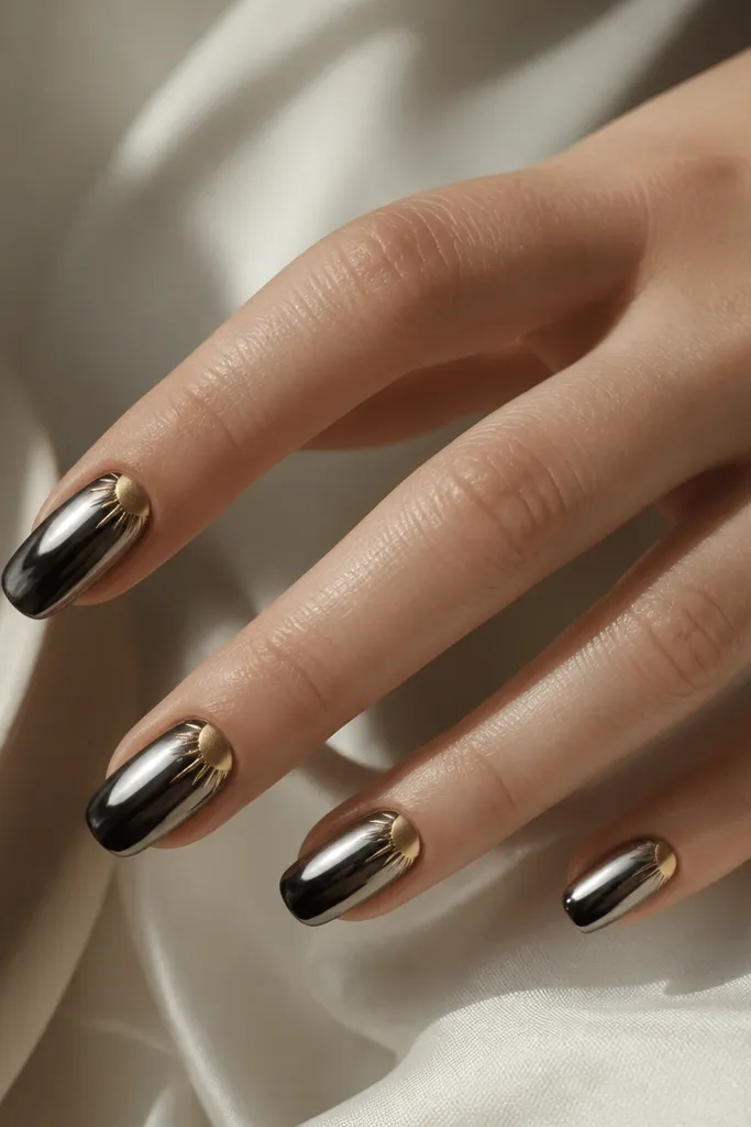 Black mirror chrome nails with a gold half-sun shape placed along one sidewall near the cuticle, like a crescent sun catching light.