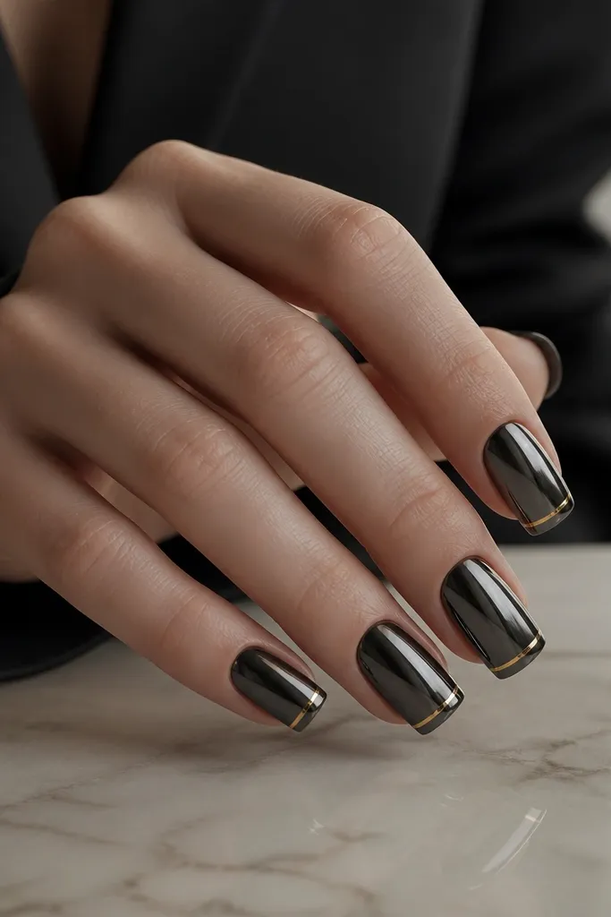 Black mirror chrome nails with a single sharp gold line running across the tip edge like a knife-thin stripe; line is straight and crisp.
