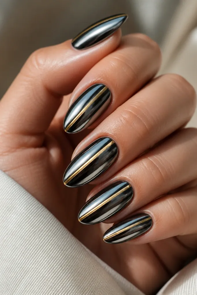 Black mirror chrome nails with a subtle waterfall effect (slightly rippled reflection); a straight gold stripe runs down the center from cuticle area to tip.