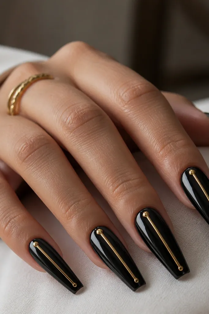 Long coffin nails in deep mirror black chrome. Each nail has a thin gold chrome bar placed vertically like a cabinet handle, with a tiny rounded gold end cap at the top and bottom. The gold hardware catches light sharply against the high-gloss black mirror, with clean cuticle edges and crisp sidewalls.