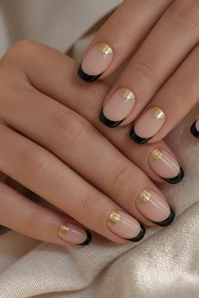 Black French tips on a nude base, with a thin gold foil half-moon placed at the center of each nail near the cuticle. The gold looks crinkled and reflective, and the black smile line is crisp and slightly curved.