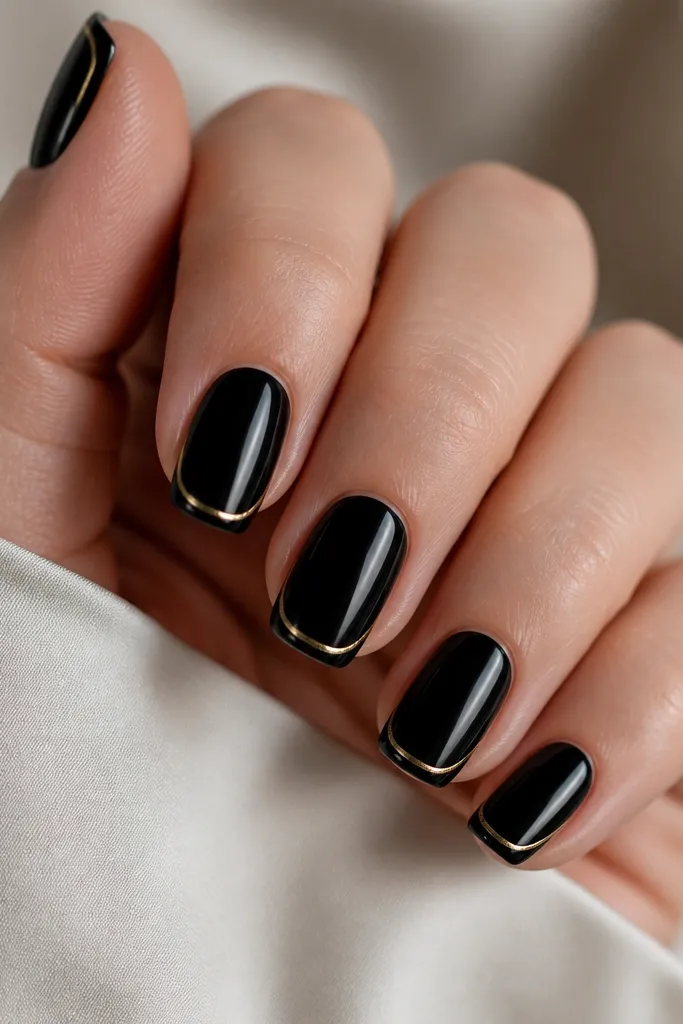 A nude base with a black French tip. Inside the black tip, there is a hair-thin gold chrome line running parallel to the smile line, creating a delicate double-edge effect.