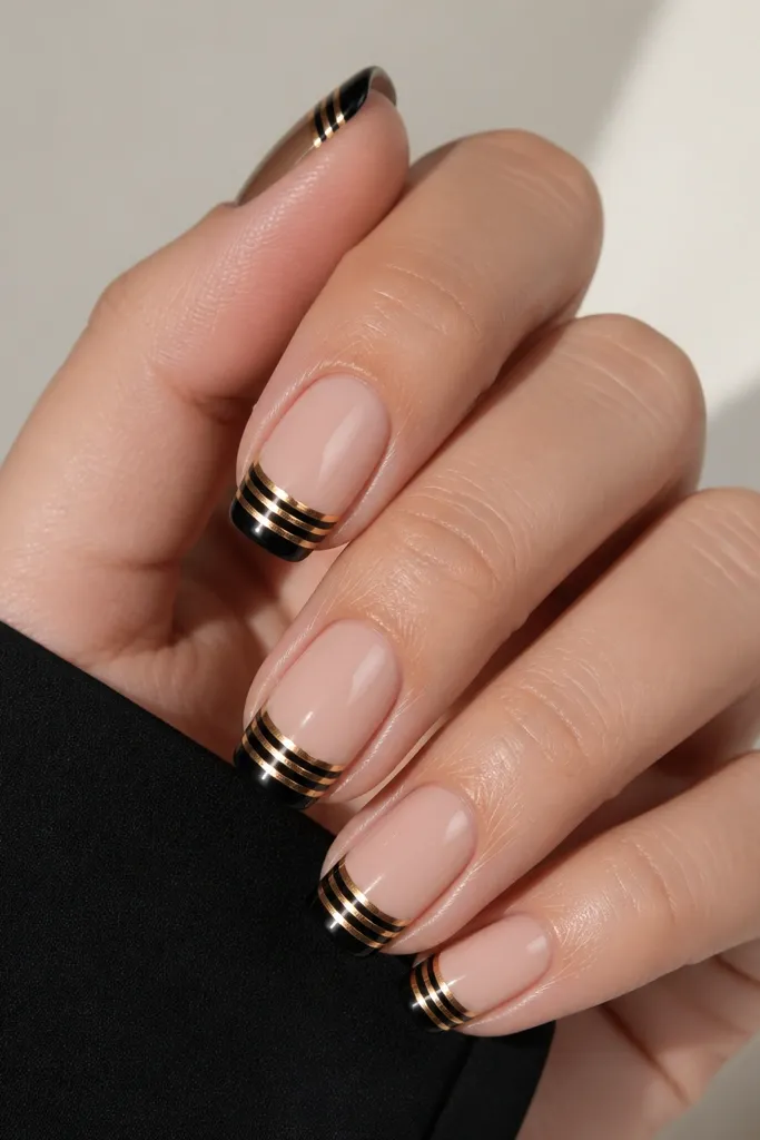 Nude nails with a black French tip. Across the black tip are two or three horizontal gold bar lines that look stamped and perfectly straight.