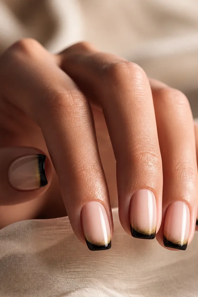 Nude nails with a black French tip that fades into a soft gold aura near the outer edge. The gold looks like a gradient glow rather than a solid stripe.
