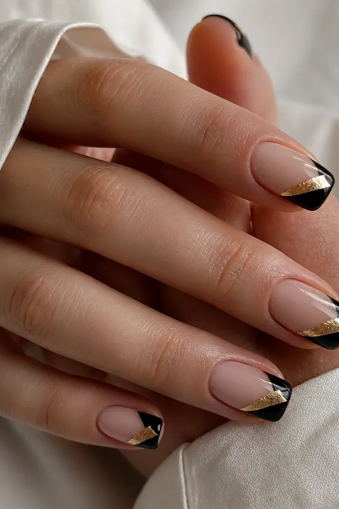 Black French tips with a nude base. A gold foil V shape sits on one side of the tip, pointing toward the center. The gold has crinkled foil texture and sharp edges.