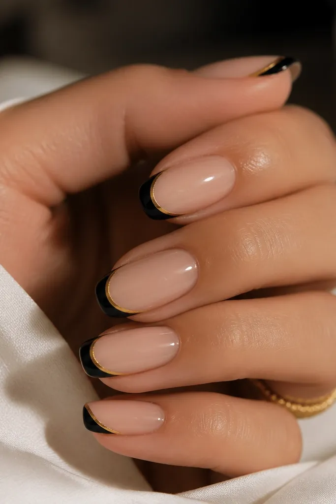 A nude base with a black French tip. Around the outer edge of the tip, there's a thin gold outline that wraps only the outer half, not the full smile line.