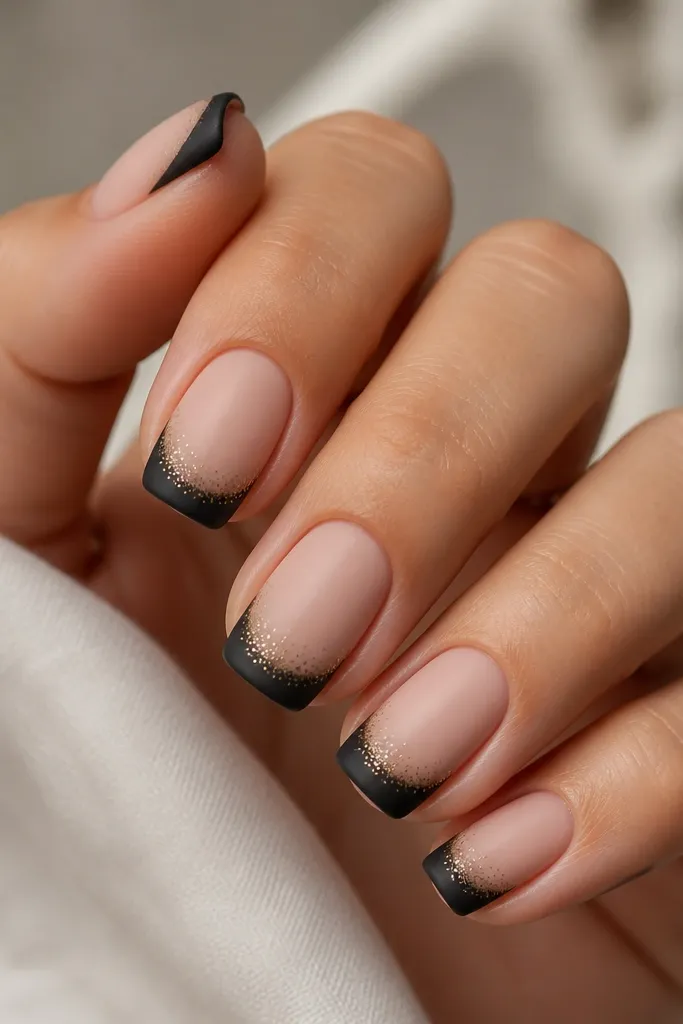 Matte black French tips on a nude base. Over the matte black are tiny scattered glossy gold specks like micro glitter, concentrated near the tip edge.
