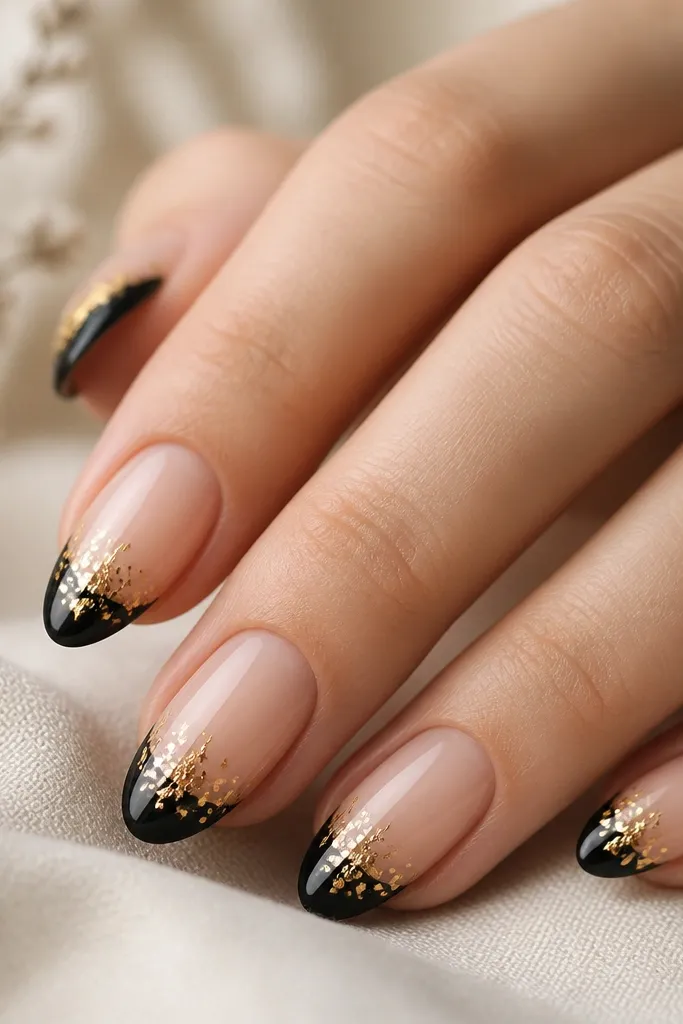 Nude nails with black French tips. Near the center of the tip, there's a flare of gold confetti foil fragments spreading outward like small shards.