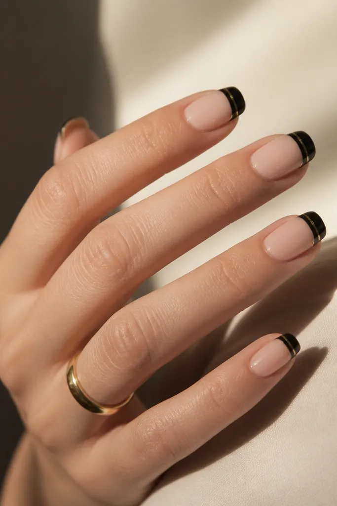 A nude base with a black French tip. A thin gold line splits the French tip horizontally, dividing it into a slightly darker top and a lower black section.