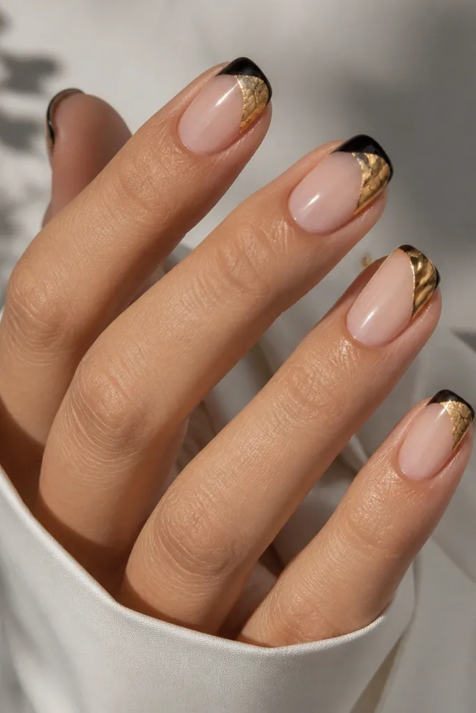 Black French tips on nude nails. One corner of each tip has a gold marble effect with thin black veining, like a small triangular slab.