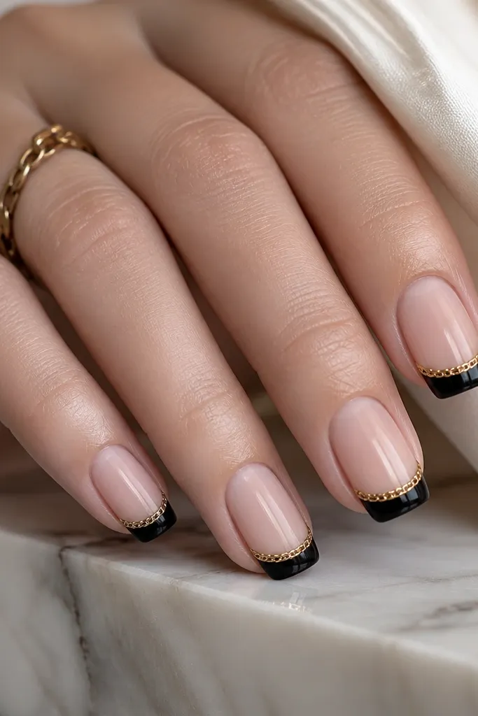 Nude base with black French tips. Along the tip edge sits a small gold chain-link detail, like a thin bracelet line, with repeated links aligned across a few nails.