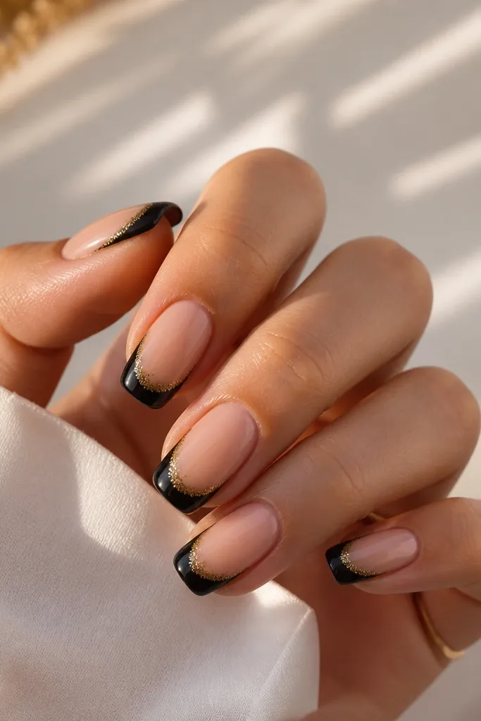 Black French tips with a nude base. Along the outer edge of the French tip, there is a gold glitter fade that looks like it gets denser at the very tip.