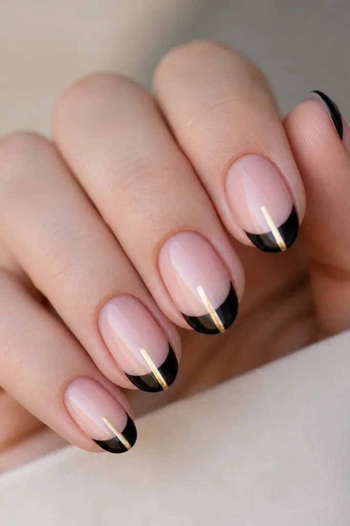 Nude nails with black French tips. A single vertical gold foil stripe runs down the center of the French area from near the smile line to the tip edge.