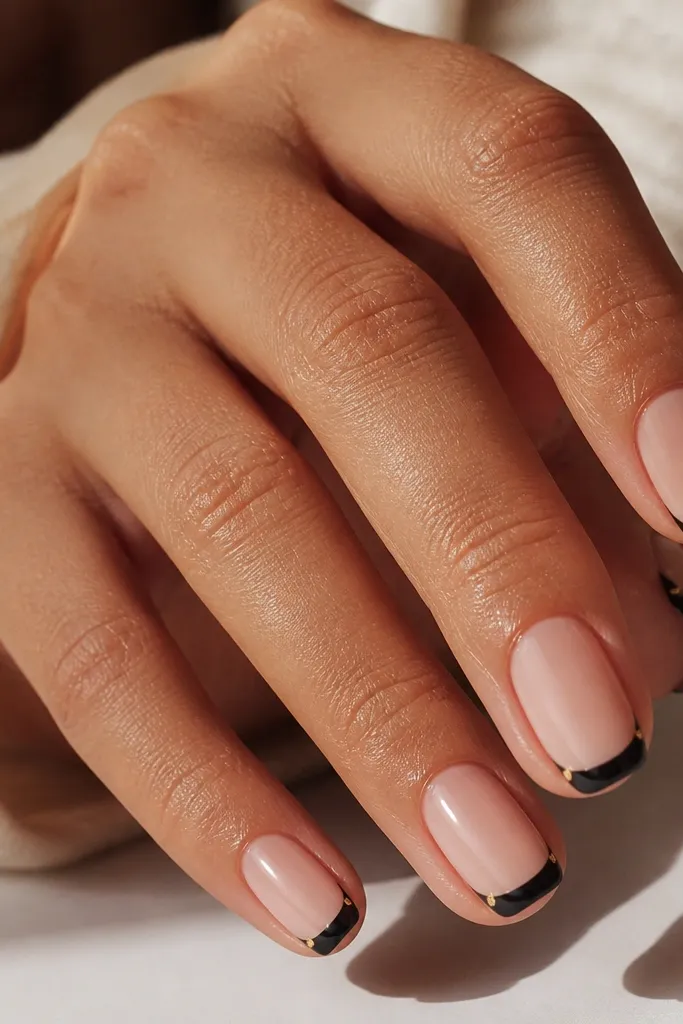 Black French tips on nude nails. Tiny gold studs sit at both outer corners of the smile line, like two small punctuation marks.