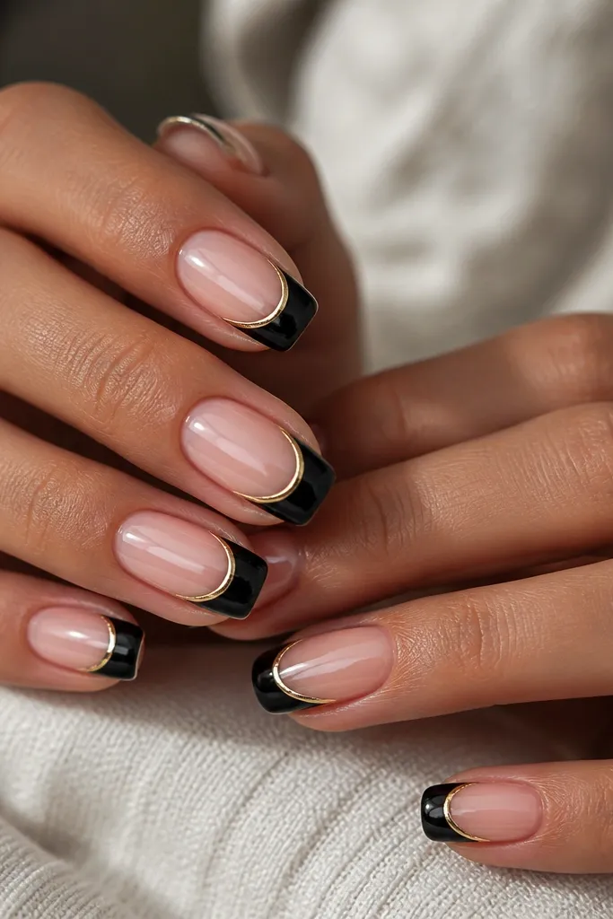 Nude base with black French tips. Around the black tip there are thin gold linework accents, forming a partial frame that follows the curve and corners.